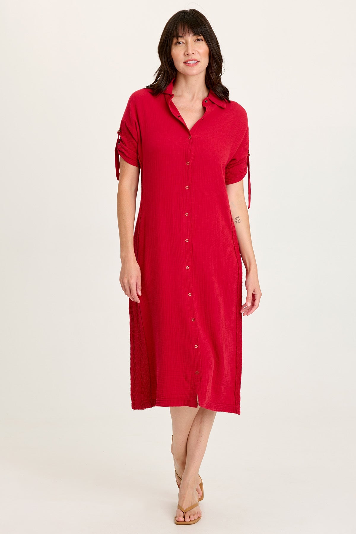 Cantori Gauze Ladder Lace Trim Long Line Button-Up Dress with Tabbed Short Sleeves Red Garnet - XCVI