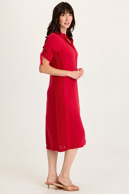 Cantori Gauze Ladder Lace Trim Long Line Button-Up Dress with Tabbed Short Sleeves Red Garnet - XCVI