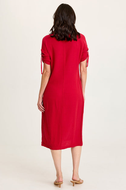 Cantori Gauze Ladder Lace Trim Long Line Button-Up Dress with Tabbed Short Sleeves Red Garnet - XCVI