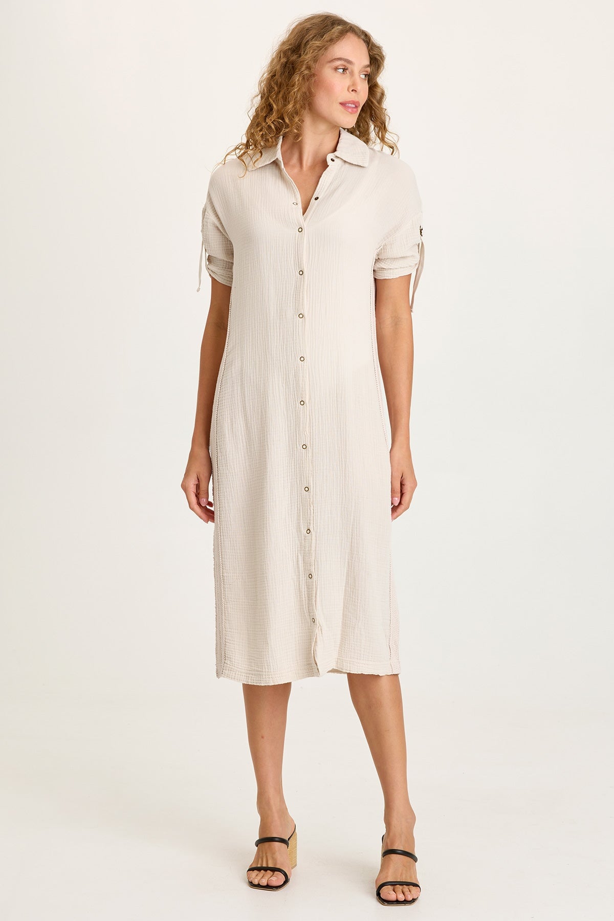 Cantori Gauze Ladder Lace Trim Long Line Button-Up Dress with Tabbed Short Sleeves Sonic Silver - XCVI