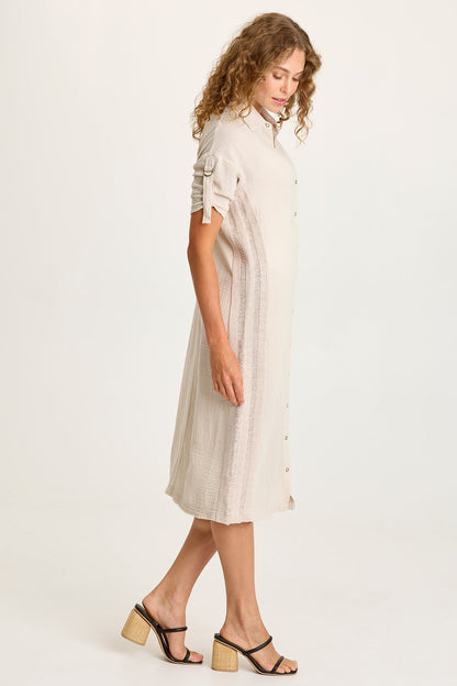 Cantori Gauze Ladder Lace Trim Long Line Button-Up Dress with Tabbed Short Sleeves Sonic Silver - XCVI