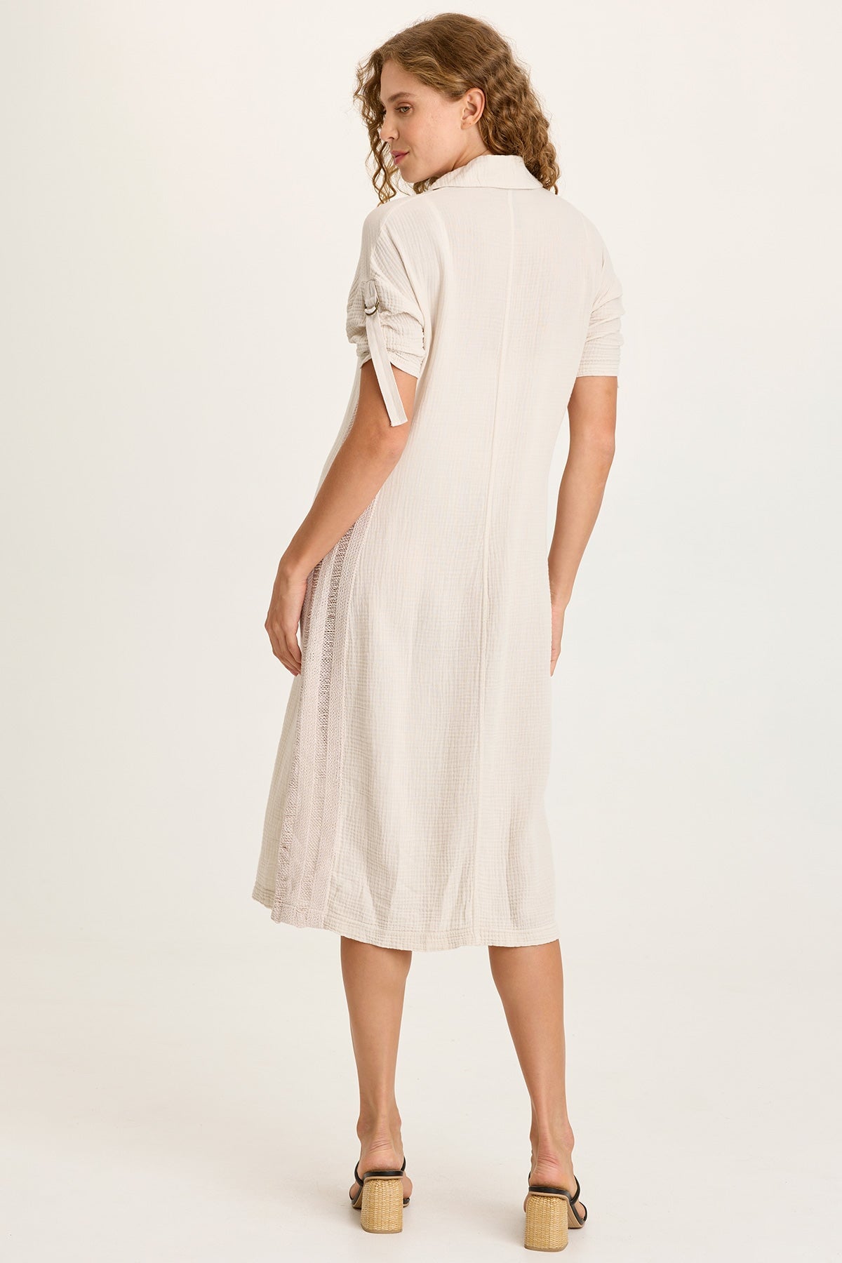 Cantori Gauze Ladder Lace Trim Long Line Button-Up Dress with Tabbed Short Sleeves Sonic Silver - XCVI