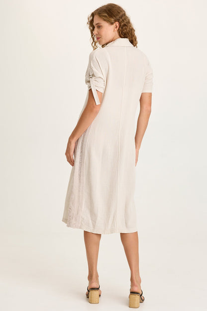 Cantori Gauze Ladder Lace Trim Long Line Button-Up Dress with Tabbed Short Sleeves Sonic Silver - XCVI