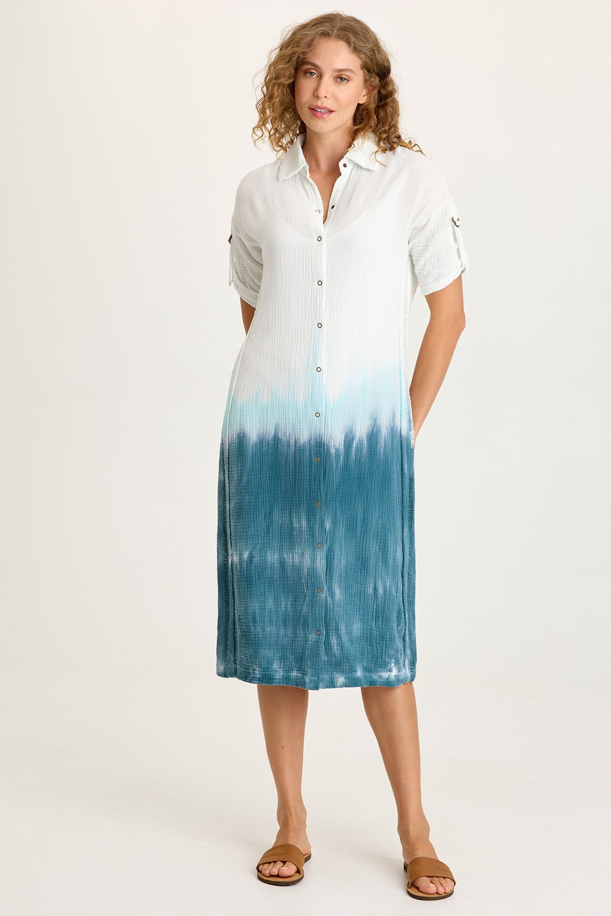 Cantori Gauze Ladder Lace Trim Long Line Button-Up Dress with Tabbed Short Sleeves Paradox Wash Sea Port - XCVI