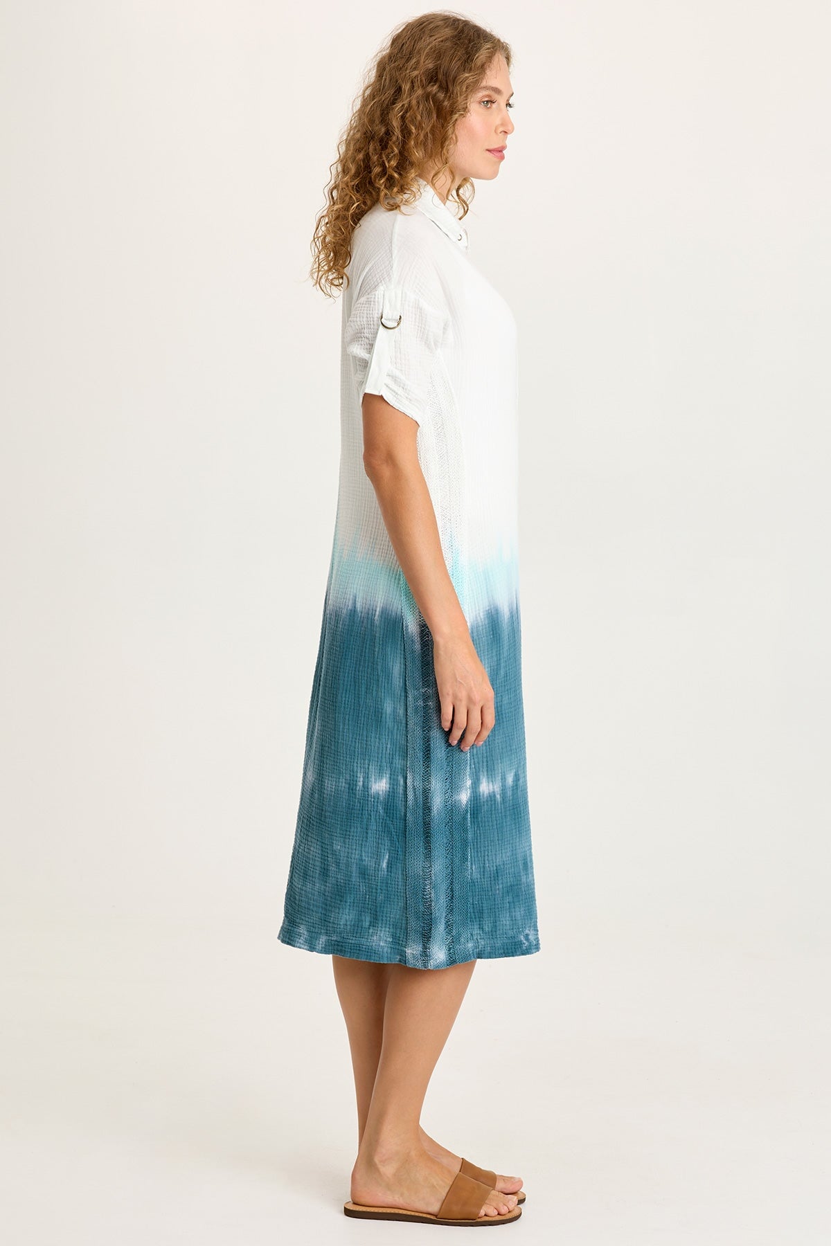 Cantori Gauze Ladder Lace Trim Long Line Button-Up Dress with Tabbed Short Sleeves Paradox Wash Sea Port - XCVI