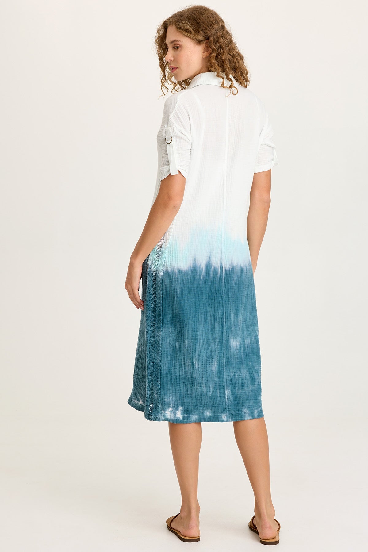 Cantori Gauze Ladder Lace Trim Long Line Button-Up Dress with Tabbed Short Sleeves Paradox Wash Sea Port - XCVI