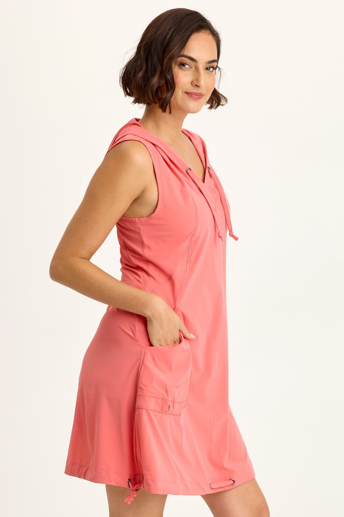 Wearables Sumi Active Whisper Stretch Hooded Cargo Cinch Hem Mini Dress Grapefruit - XCVI