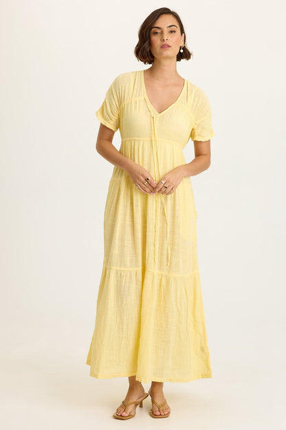Wearables Ignatz Cotton Gauze Tiered V-Neck Short Sleeve Maxi Dress Lunaria - XCVI