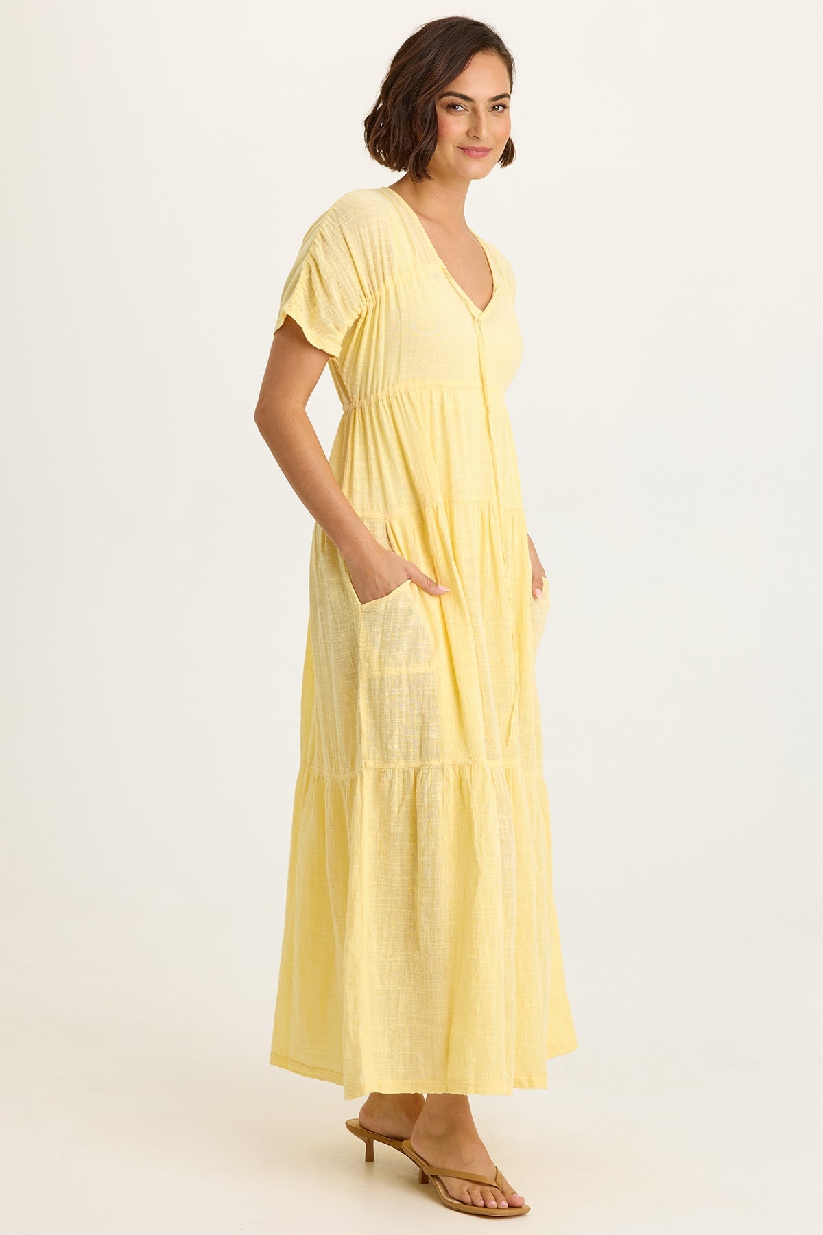 Wearables Ignatz Cotton Gauze Tiered V-Neck Short Sleeve Maxi Dress Lunaria - XCVI