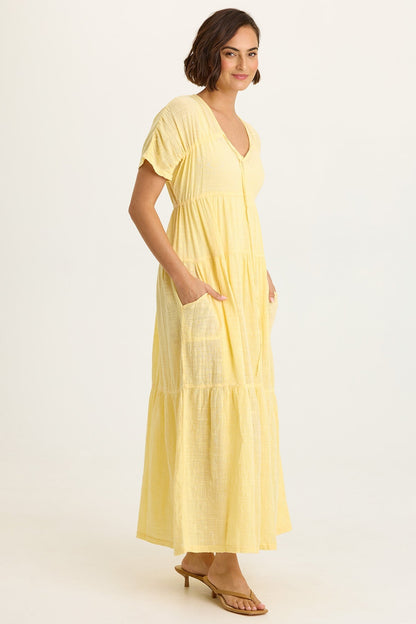 Wearables Ignatz Cotton Gauze Tiered V-Neck Short Sleeve Maxi Dress Lunaria - XCVI