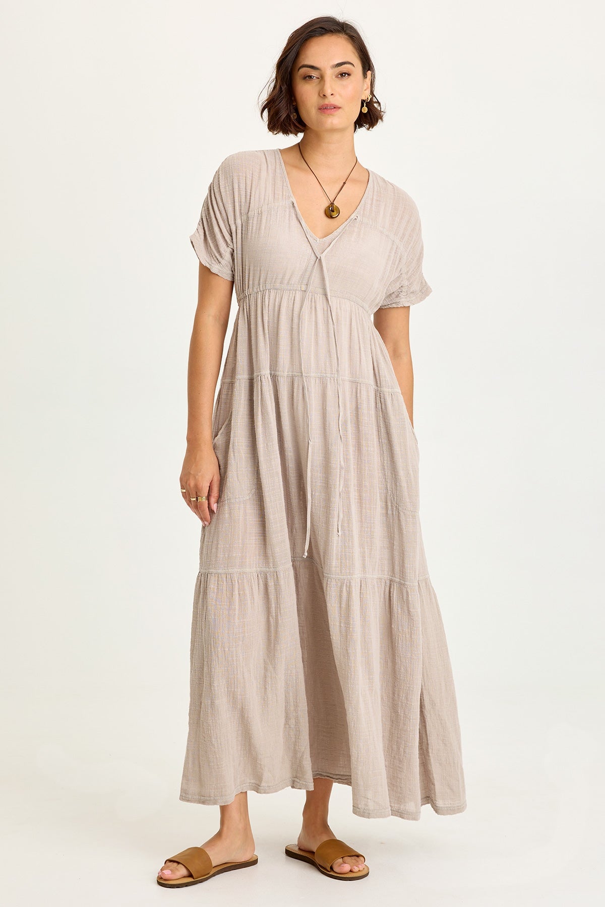 Wearables Ignatz Cotton Gauze Tiered V-Neck Short Sleeve Maxi Dress Clay Pot Pigment - XCVI