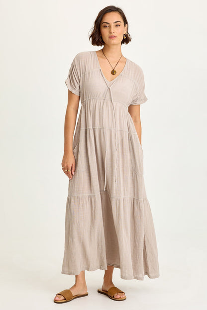 Wearables Ignatz Cotton Gauze Tiered V-Neck Short Sleeve Maxi Dress Clay Pot Pigment - XCVI