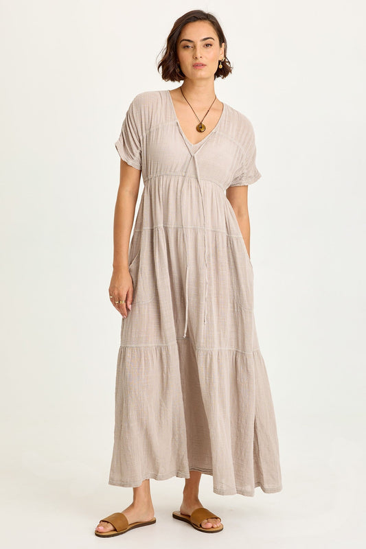 Wearables Ignatz Cotton Gauze Tiered V-Neck Short Sleeve Maxi Dress Clay Pot Pigment - XCVI