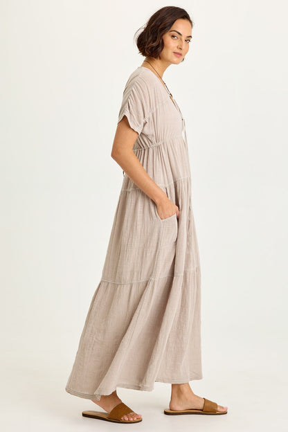 Wearables Ignatz Cotton Gauze Tiered V-Neck Short Sleeve Maxi Dress Clay Pot Pigment - XCVI