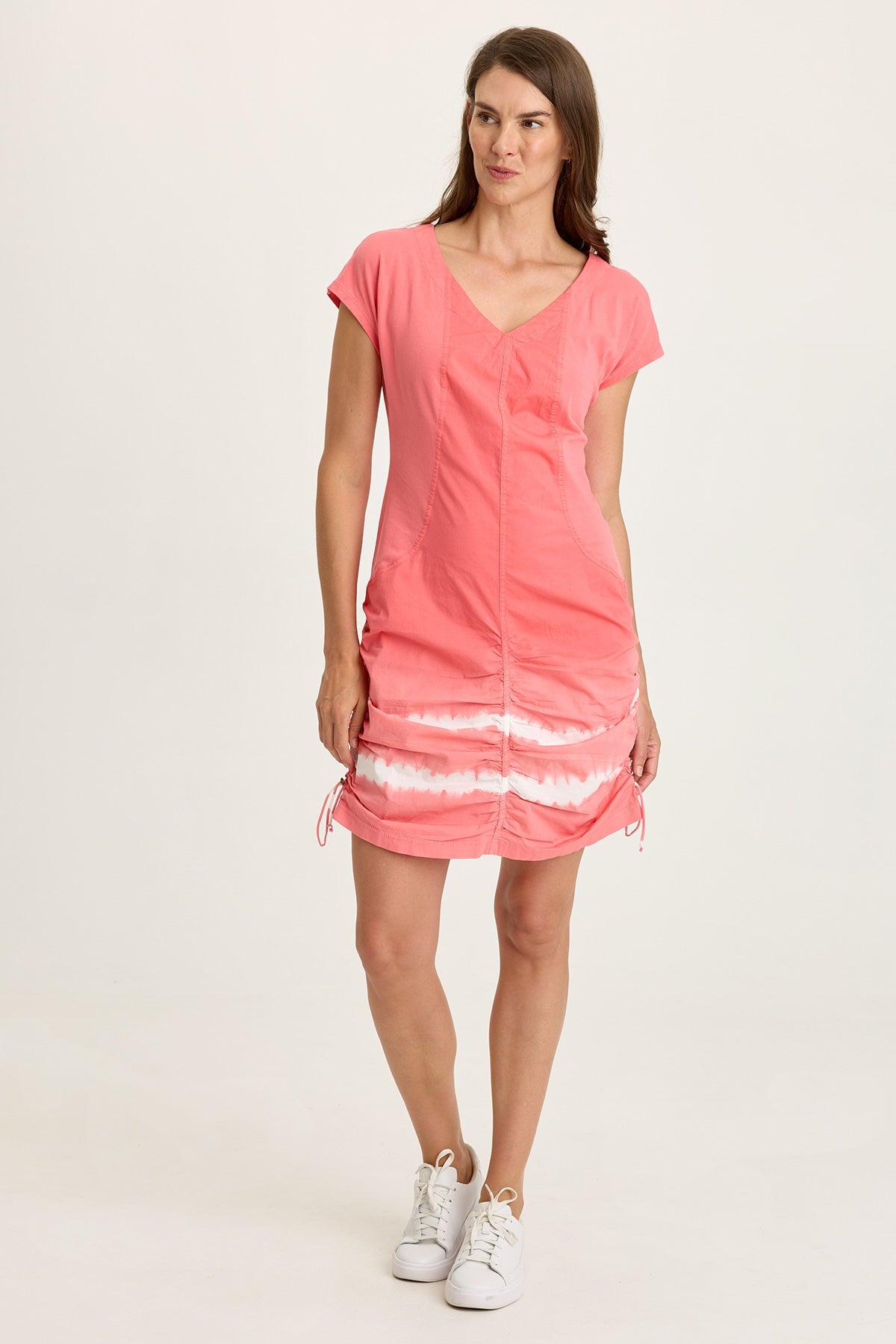 Wearables Wylda Stretch Poplin Cinchable V-Neck Short Sleeve Dress Caravel Wash Guava - XCVI