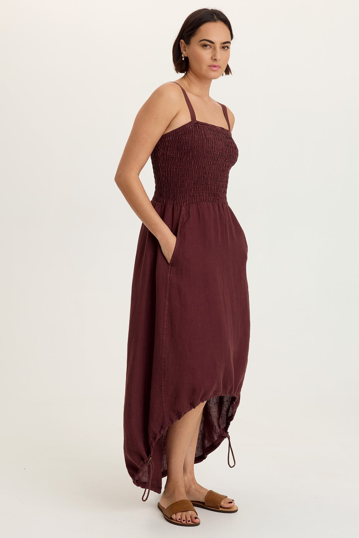 Neisha 100% Linen Smocked Bodice Adjustable High-Low Silhouette Sleeveless Dress Briar Wood - XCVI