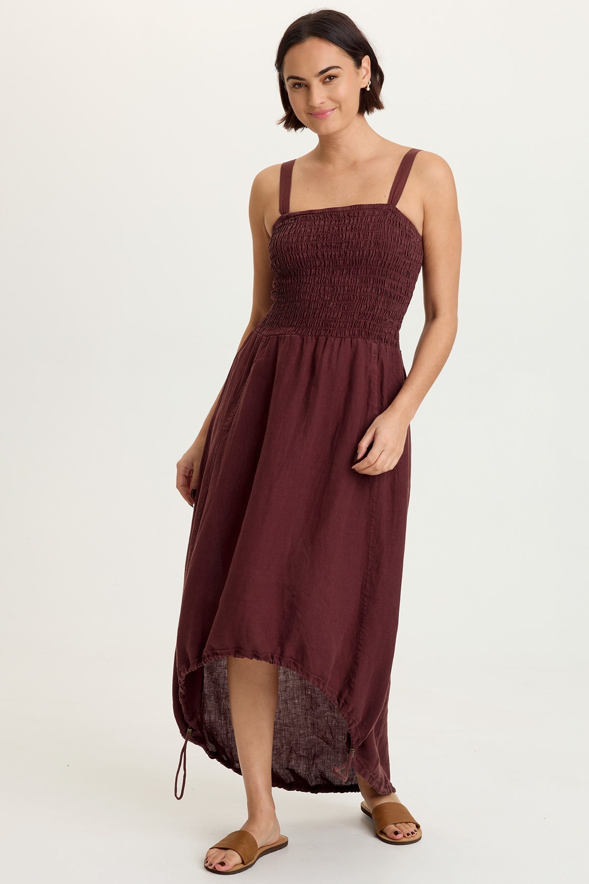 Neisha 100% Linen Smocked Bodice Adjustable High-Low Silhouette Sleeveless Dress Briar Wood - XCVI