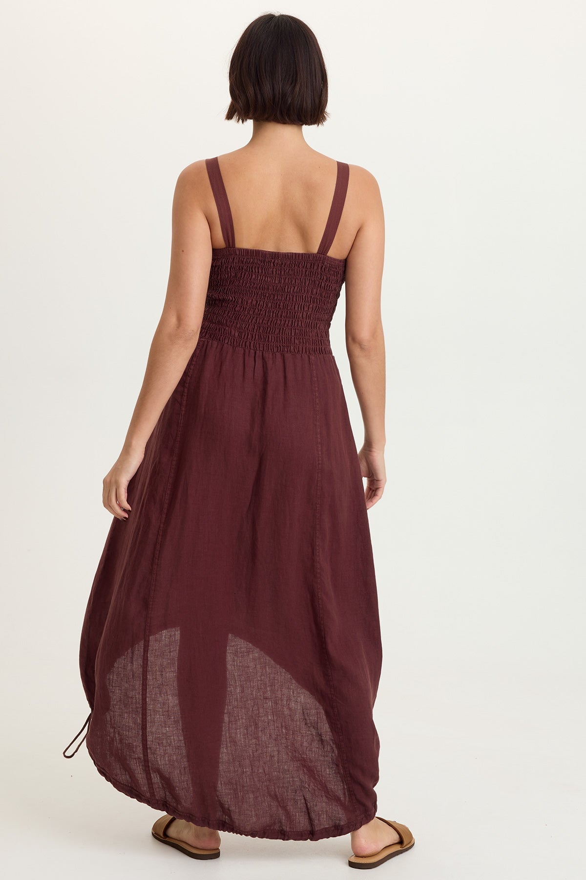 Neisha 100% Linen Smocked Bodice Adjustable High-Low Silhouette Sleeveless Dress Briar Wood - XCVI