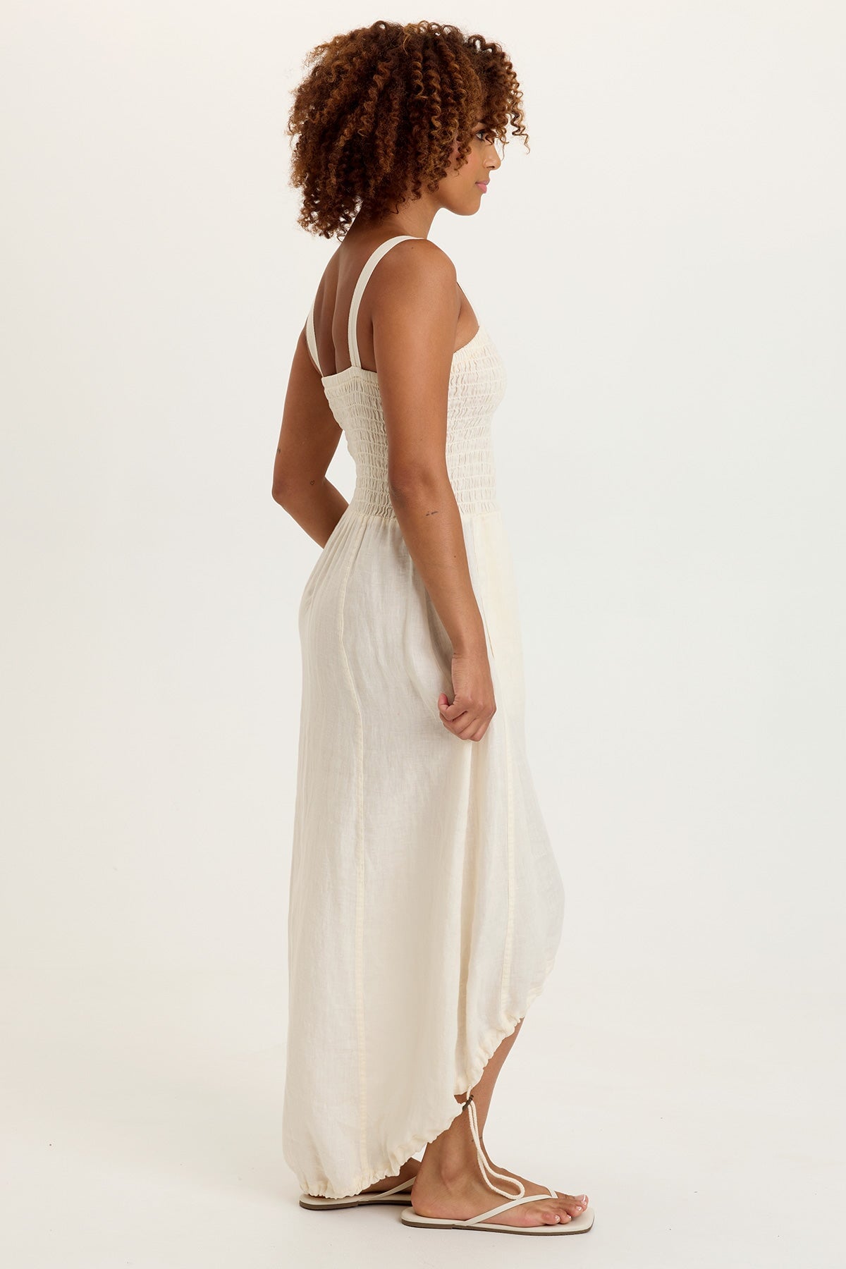 Neisha 100% Linen Smocked Bodice Adjustable High-Low Silhouette Sleeveless Dress Toasted Almond - XCVI