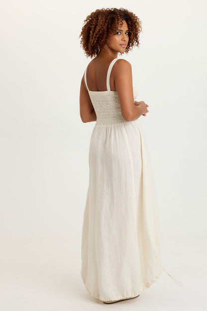 Neisha 100% Linen Smocked Bodice Adjustable High-Low Silhouette Sleeveless Dress Toasted Almond - XCVI