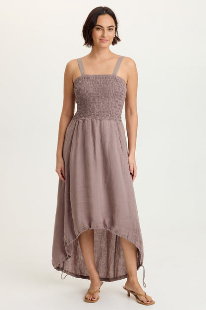 Neisha 100% Linen Smocked Bodice Adjustable High-Low Silhouette Sleeveless Dress Velvet Mink - XCVI
