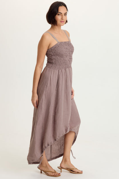 Neisha 100% Linen Smocked Bodice Adjustable High-Low Silhouette Sleeveless Dress Velvet Mink - XCVI