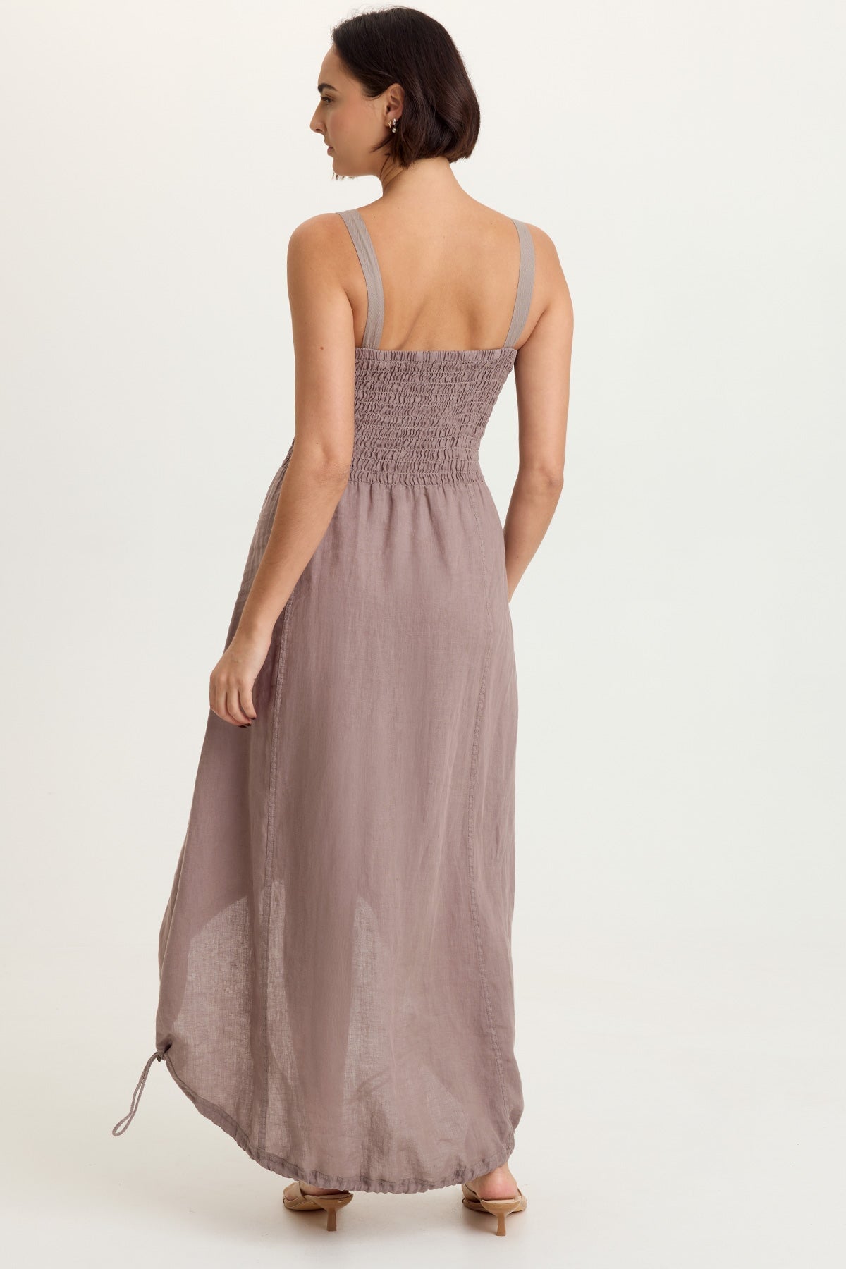 Neisha 100% Linen Smocked Bodice Adjustable High-Low Silhouette Sleeveless Dress Velvet Mink - XCVI