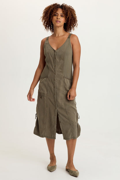 Edsel Tencel Twill Snap-Up Cinchable Sleeveless Dress English Moss - XCVI