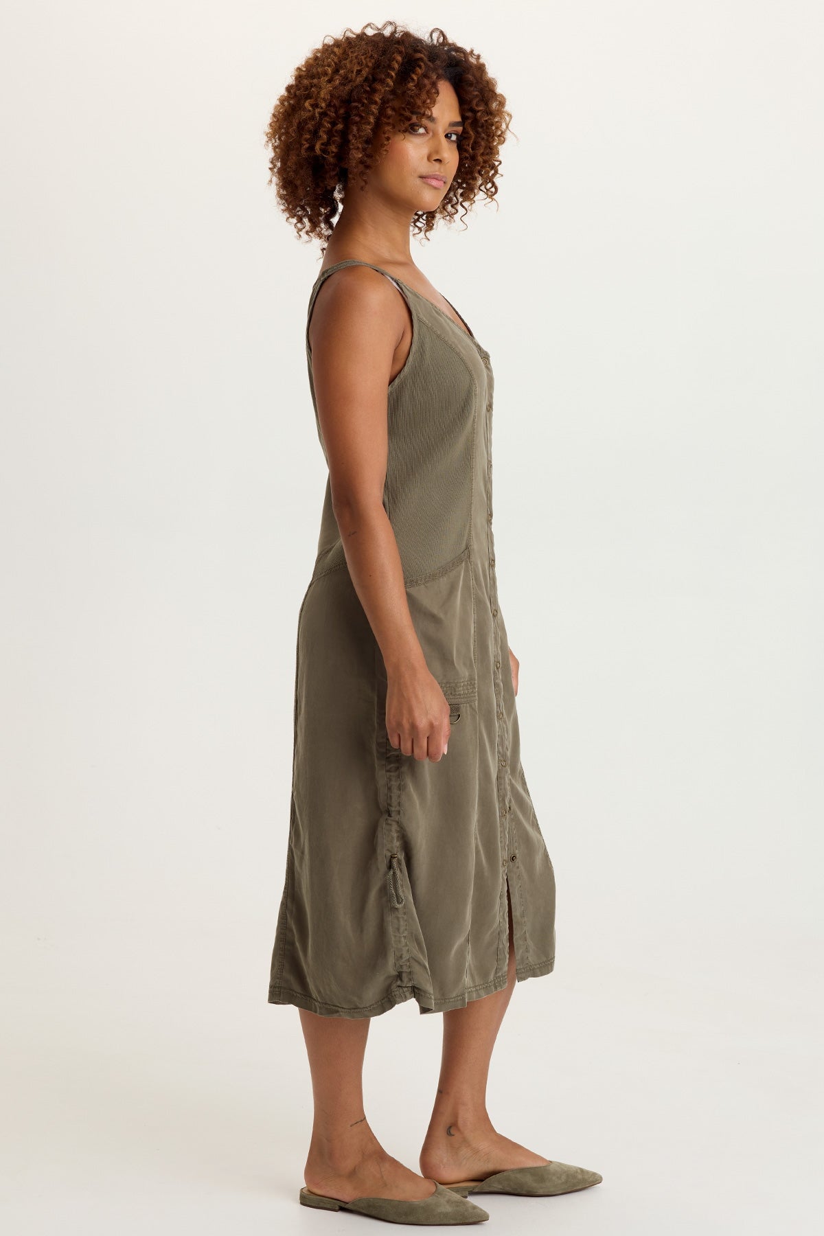 Edsel Tencel Twill Snap-Up Cinchable Sleeveless Dress English Moss - XCVI