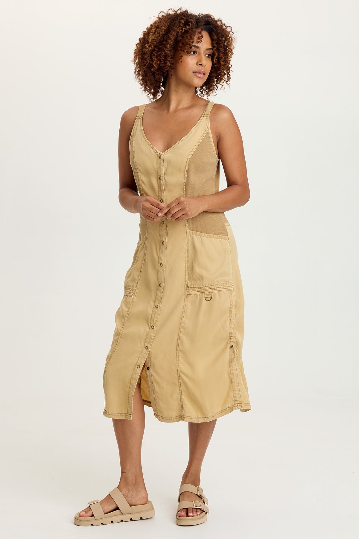 Edsel Tencel Twill Snap-Up Cinchable Sleeveless Dress Sepia Pigment - XCVI