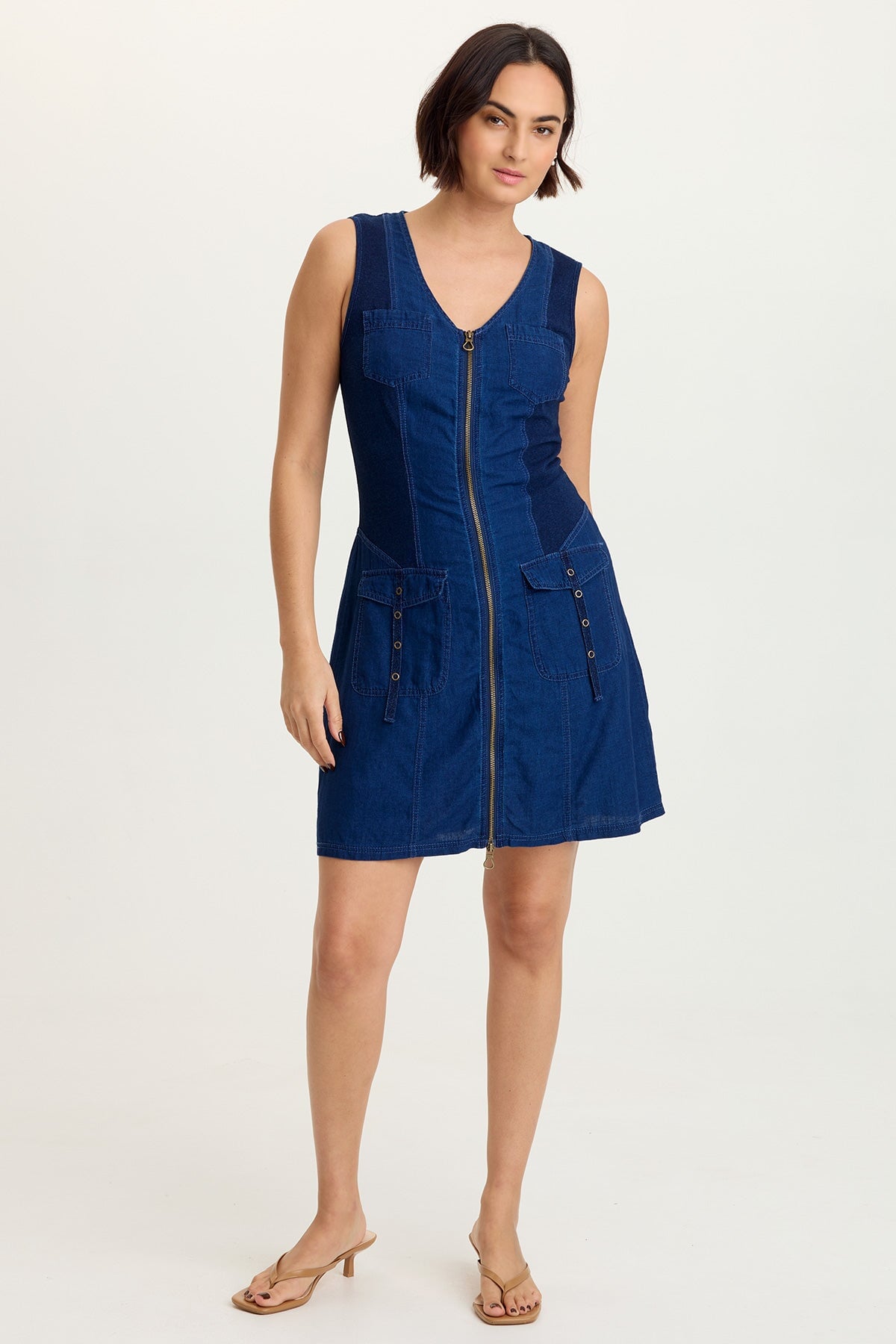 Donata Cotton Linen Indigo Twill Zip-Up Short Sleeveless Dress Sluice Wash - XCVI