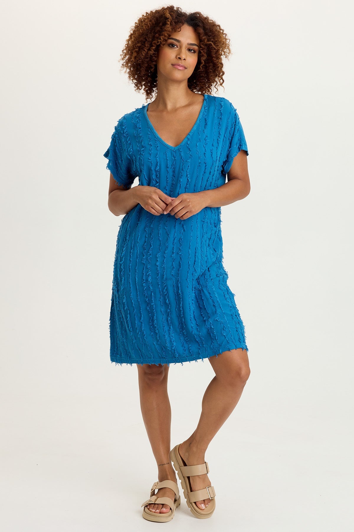 Kenyon Stripe Voile Dolman Short Sleeve V-Neck Dress Aztec Sky Pigment - XCVI