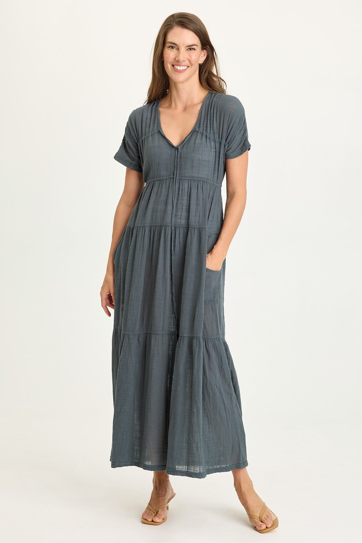 Wearables Ignatz Cotton Gauze Tiered V-Neck Short Sleeve Maxi Dress Hawthorn Leaf - XCVI