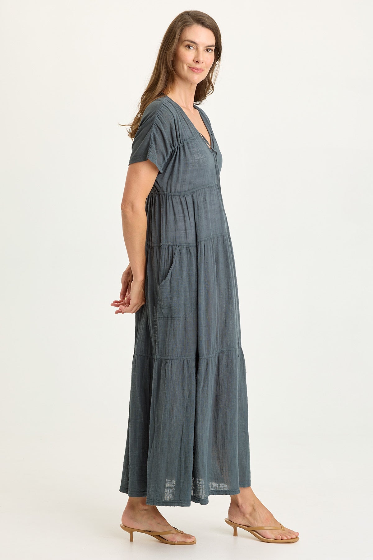 Wearables Ignatz Cotton Gauze Tiered V-Neck Short Sleeve Maxi Dress Hawthorn Leaf - XCVI
