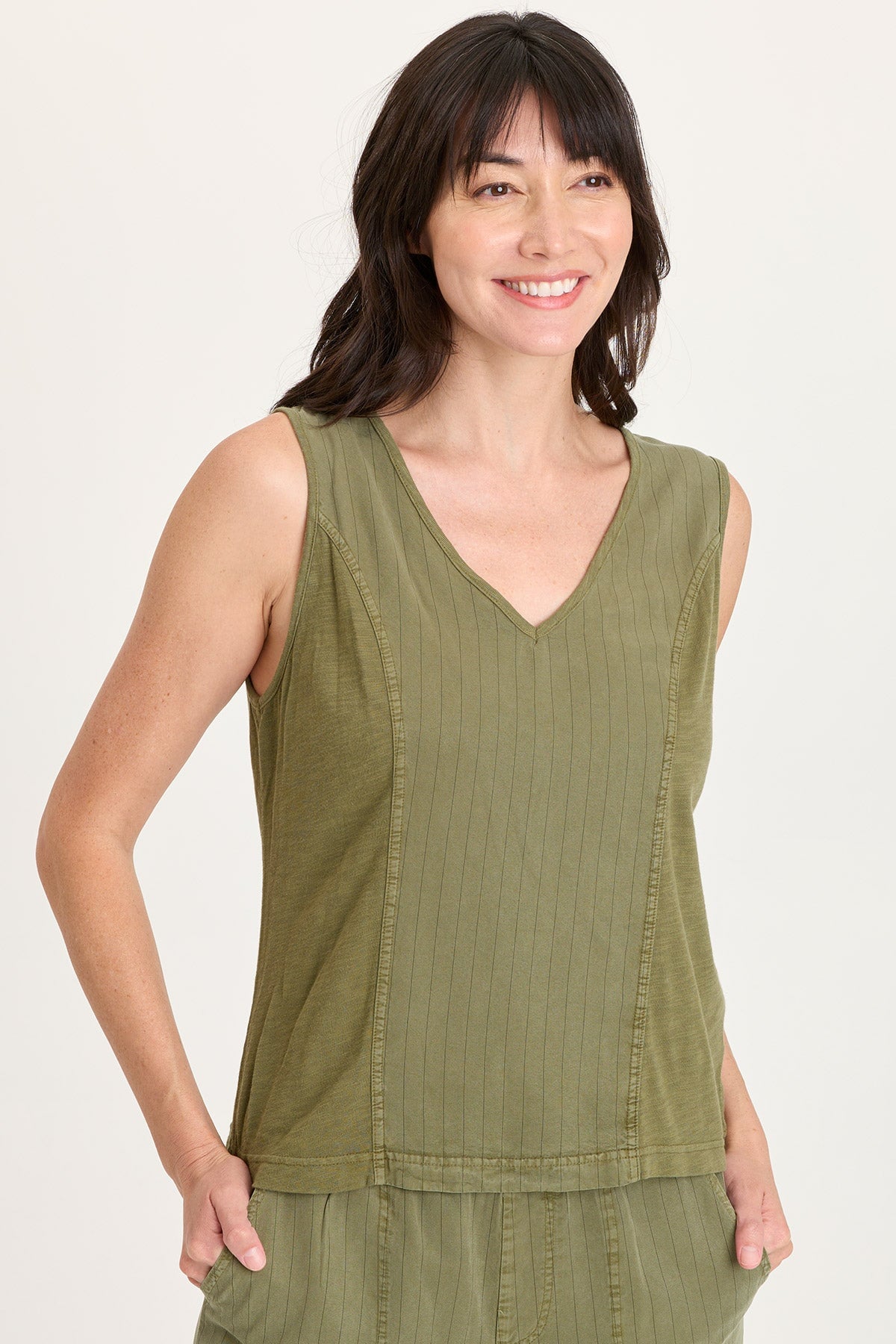Siska Pinstripe Twill V-Neck Tank Espalier Pigment - XCVI