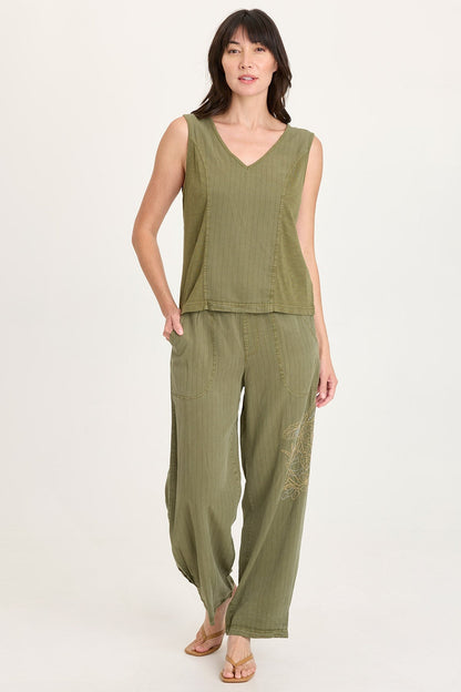 Siska Pinstripe Twill V-Neck Tank Espalier Pigment - XCVI