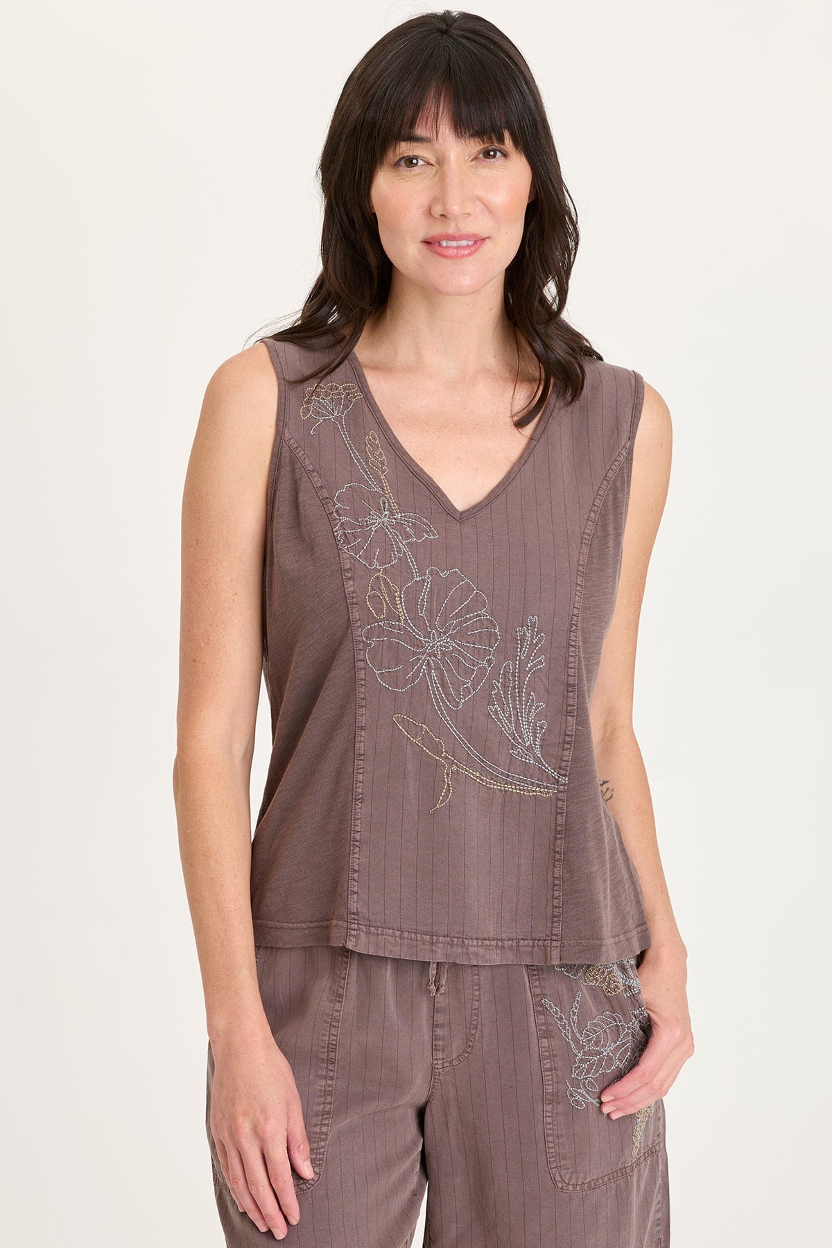 Siska Embroidered Pinstripe Twill V-Neck Tank Virtuoso Pigment - XCVI