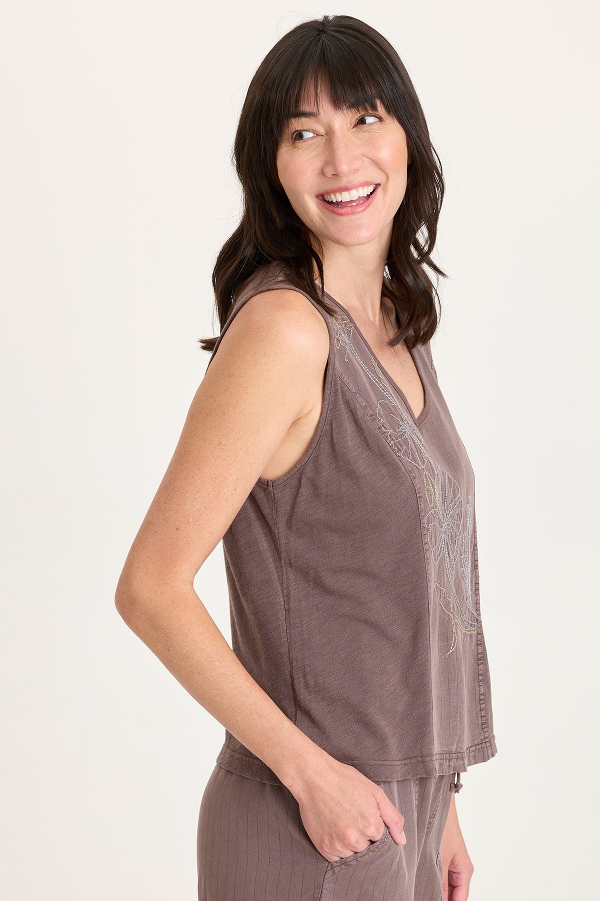 Siska Embroidered Pinstripe Twill V-Neck Tank Virtuoso Pigment - XCVI