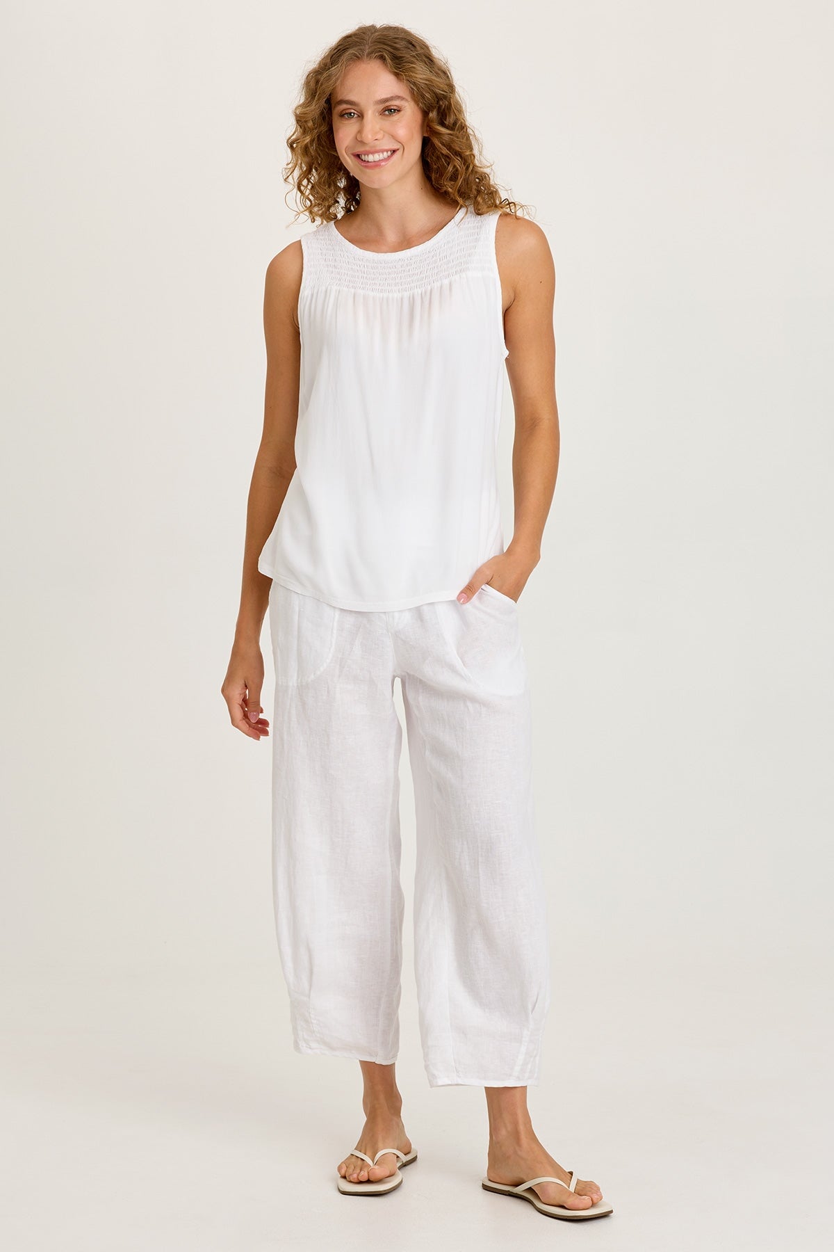 Timo Crepe Smocked Neckline Sleeveless Top White - XCVI