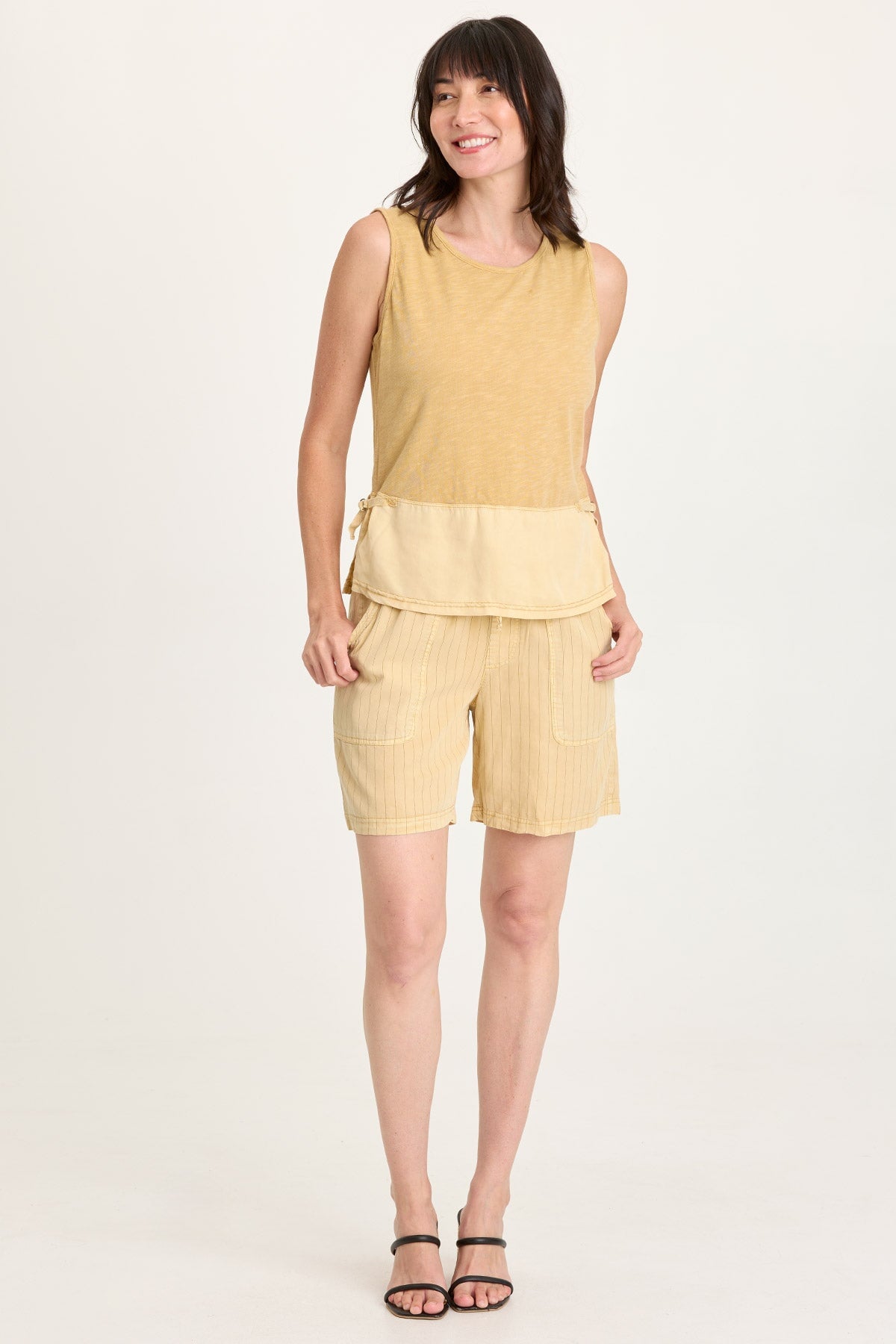Enna Tencel Twill Cinchable Side Split Tank Raffia Pigment - XCVI