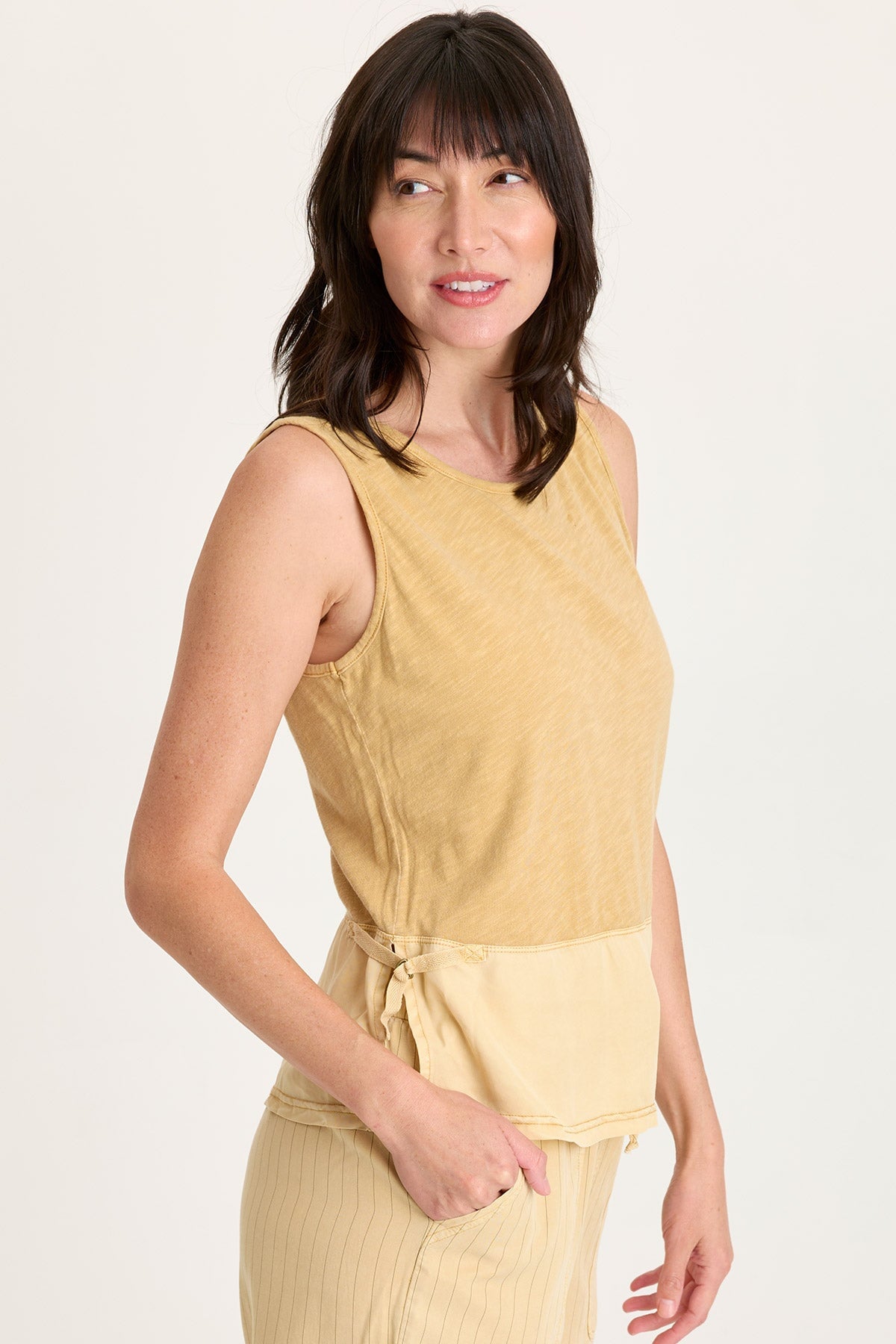 Enna Tencel Twill Cinchable Side Split Tank Raffia Pigment - XCVI