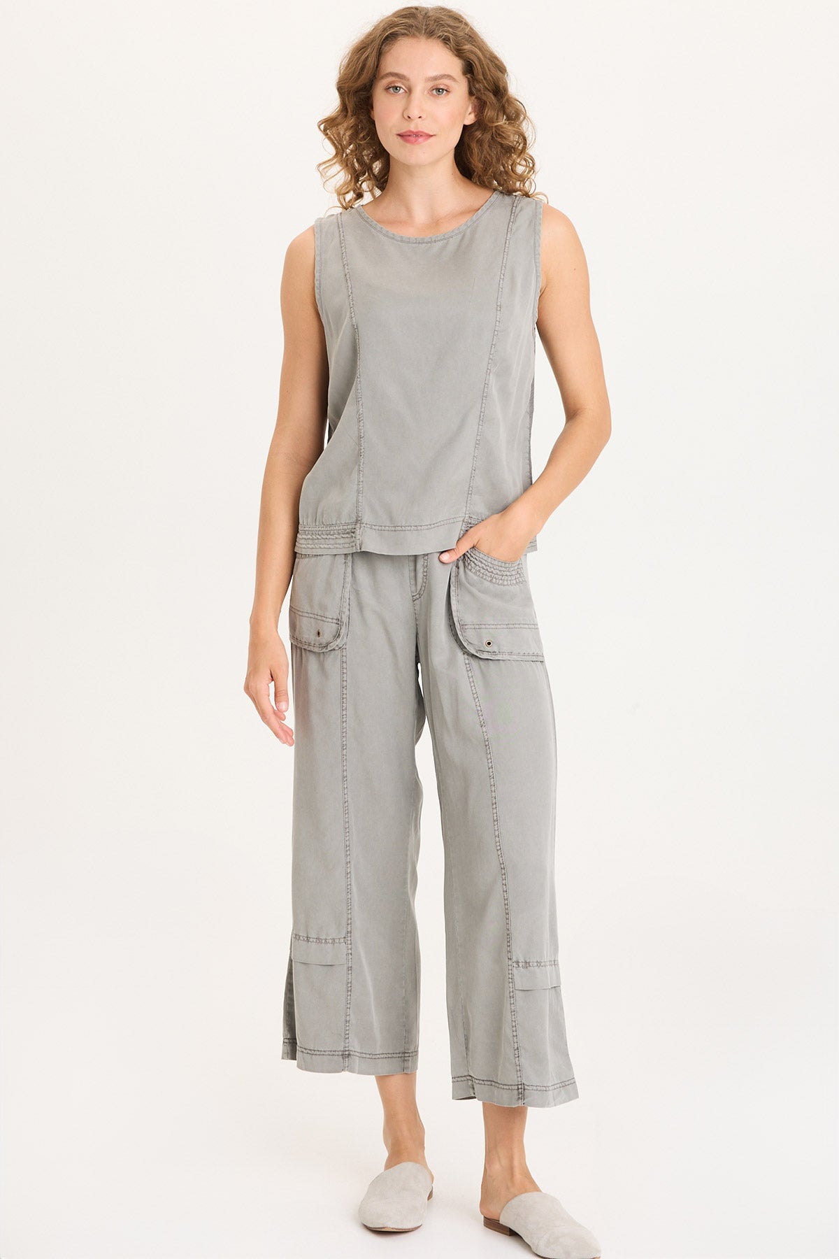 Stitched Hem Twill Front Jersey Back Mixed-Media Davies Tank Magnetic Grey Pigment - XCVI