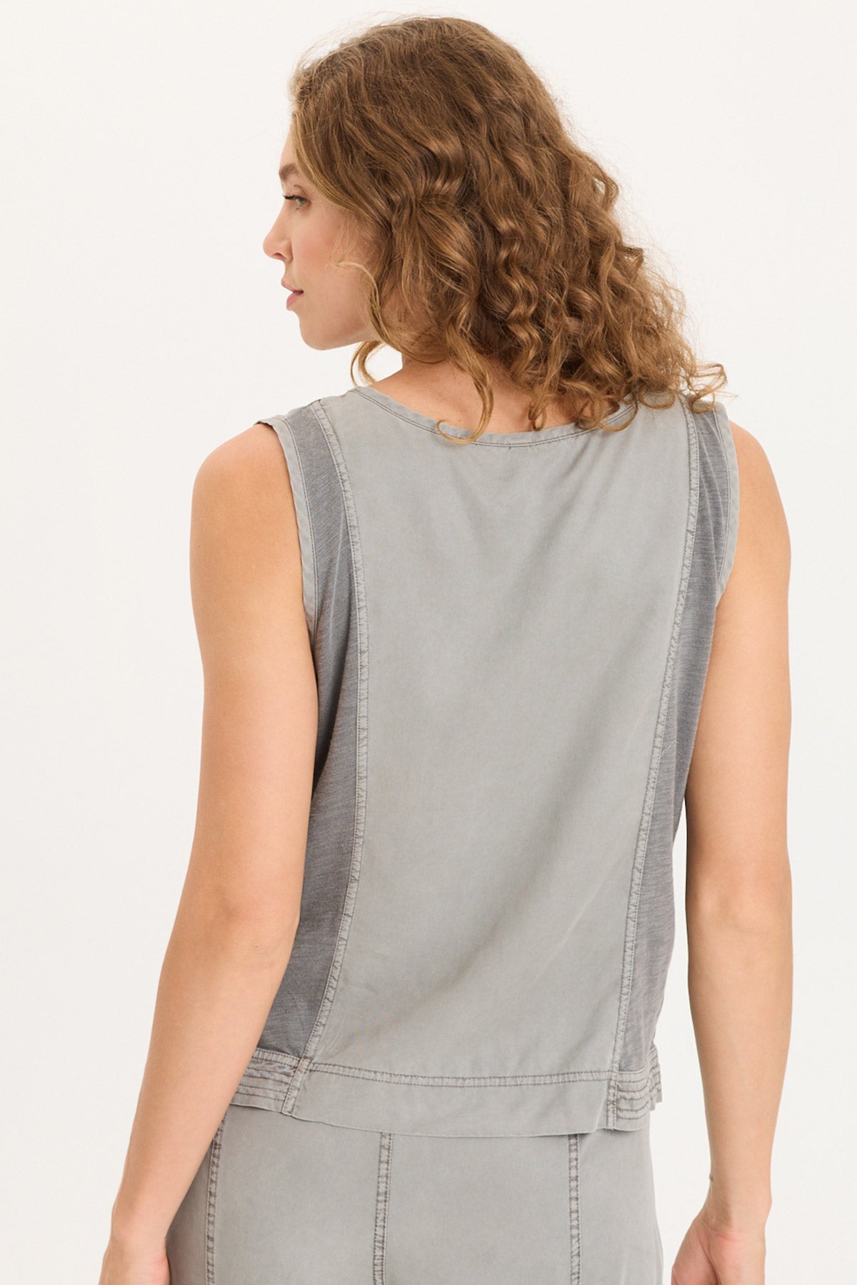 Stitched Hem Twill Front Jersey Back Mixed-Media Davies Tank Magnetic Grey Pigment - XCVI