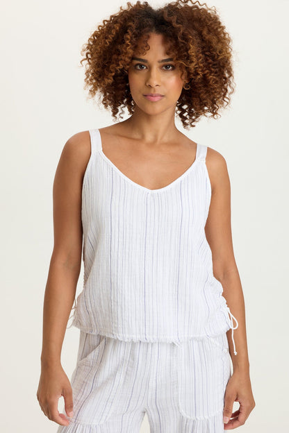Grethel Indigo Stripe Gauze Cinchable Side Seam Strappy Tank White - XCVI