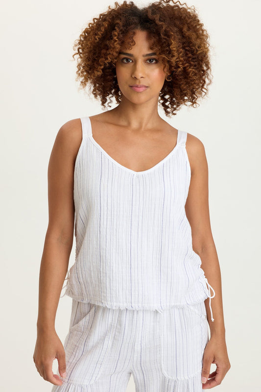Grethel Indigo Stripe Gauze Cinchable Side Seam Strappy Tank White - XCVI