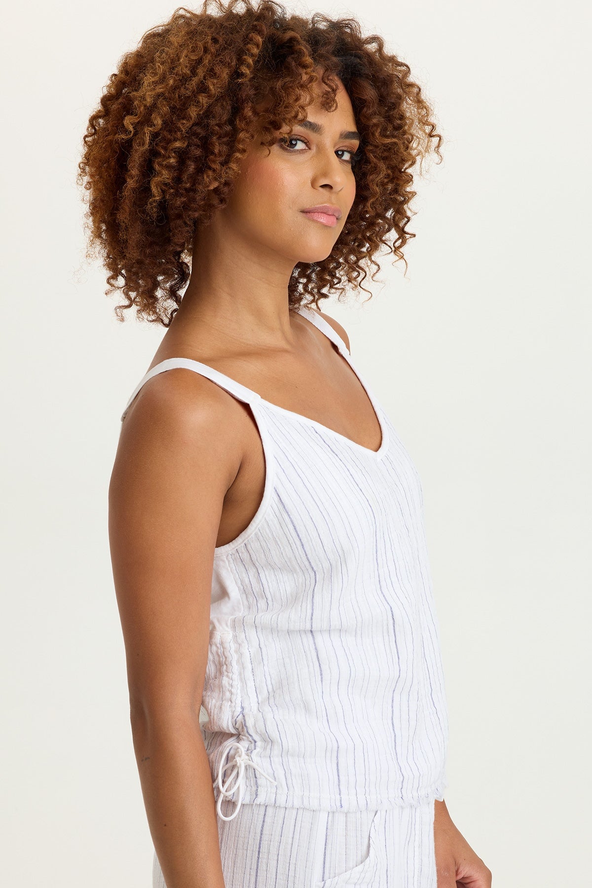 Grethel Indigo Stripe Gauze Cinchable Side Seam Strappy Tank White - XCVI