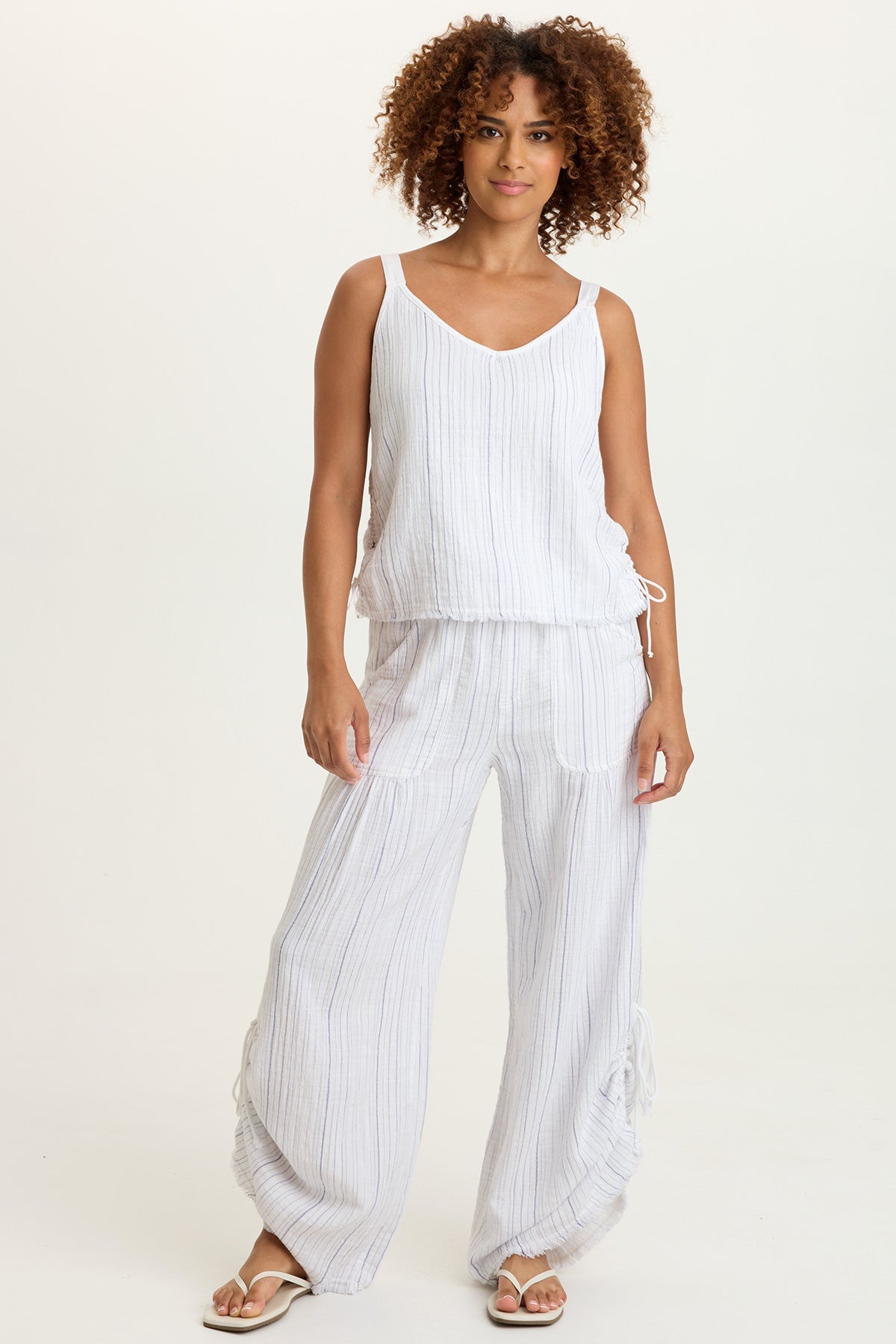 Grethel Indigo Stripe Gauze Cinchable Side Seam Strappy Tank White - XCVI