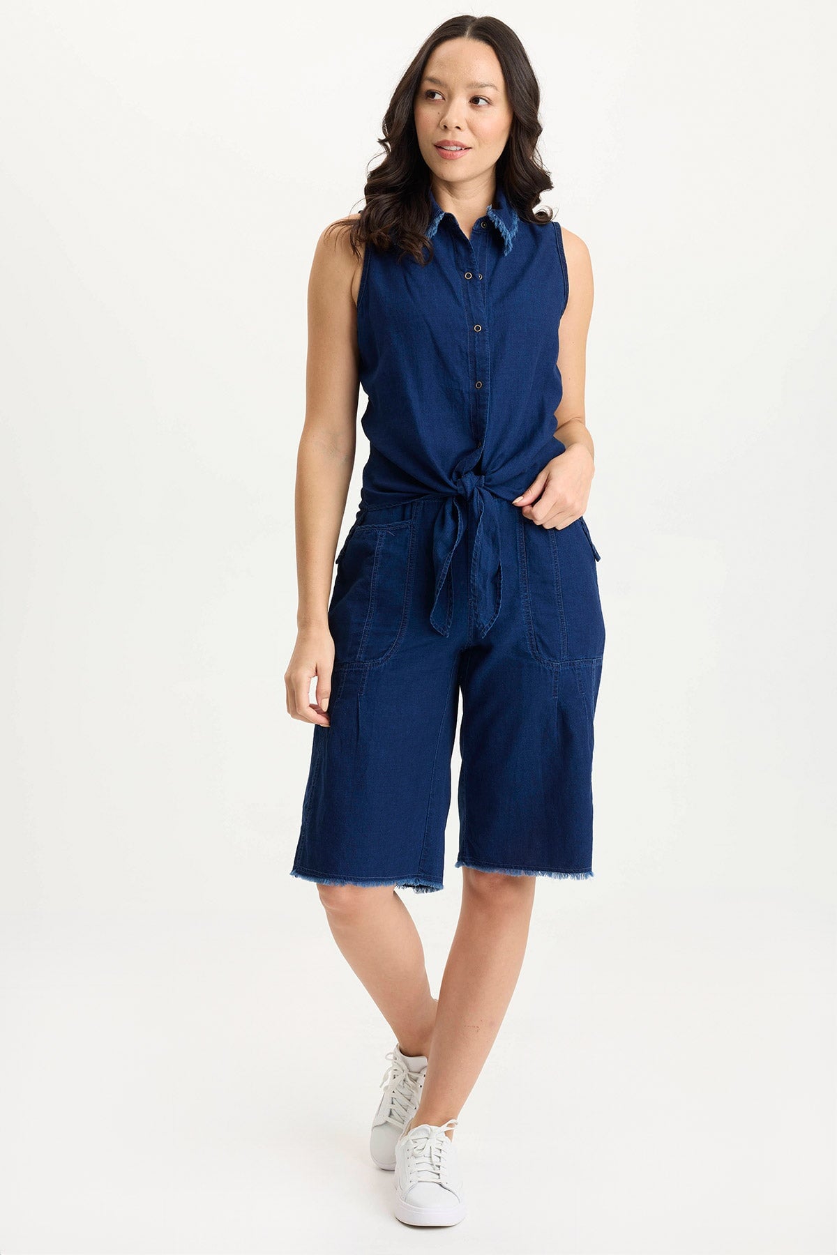 Tague Mock-Denim Tie-Up Flowy Snap Tank Sluice Wash - XCVI