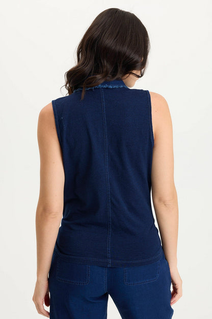 Tague Mock-Denim Tie-Up Flowy Snap Tank Sluice Wash - XCVI