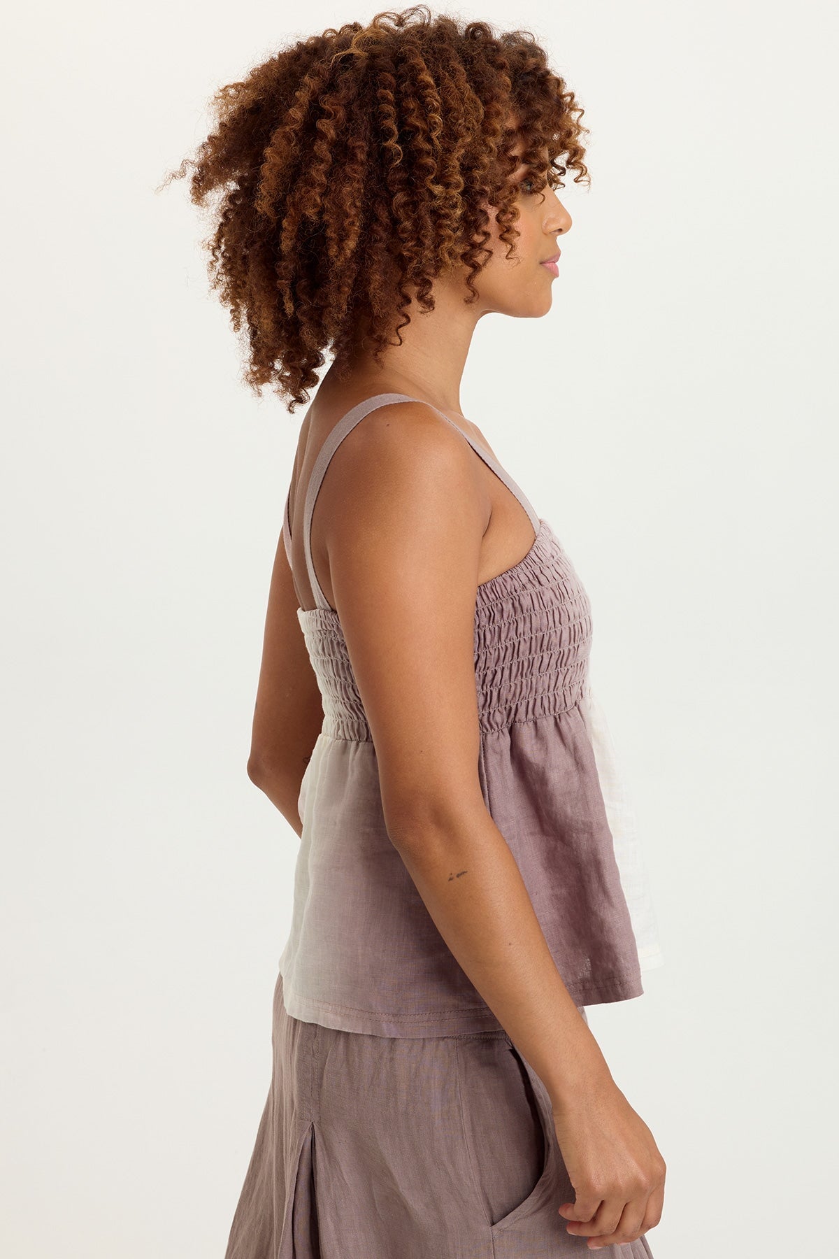 Katina 100% Linen Smocked Bust Babydoll Tank Motley Ombre Paraph - XCVI